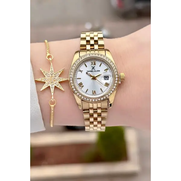 Gold Renk 28 mm Kristal Cam Kadın Kol Saati ve Bileklik