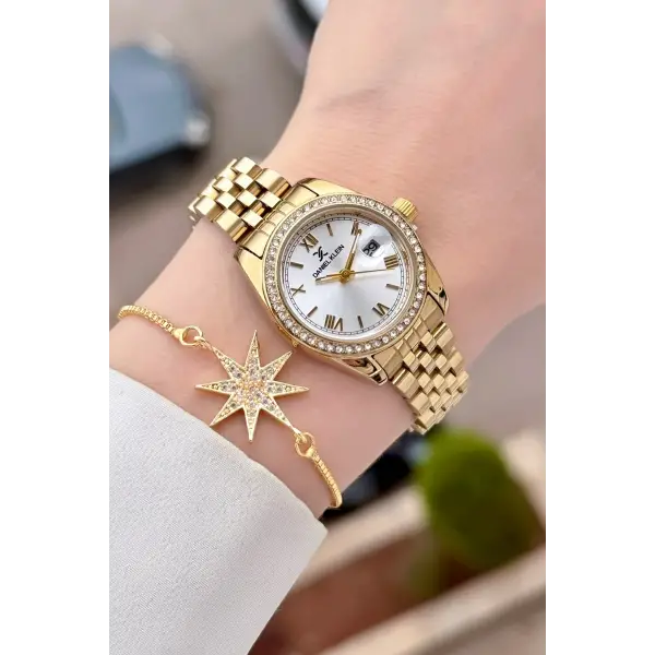Gold Renk 28 mm Kristal Cam Kadın Kol Saati ve Bileklik