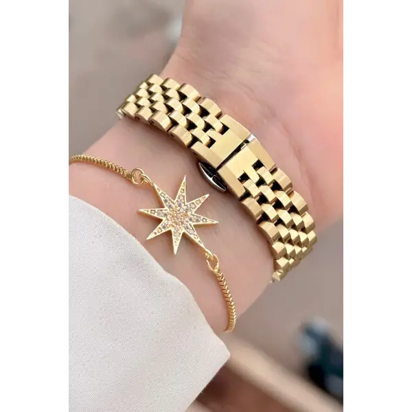 Gold Renk 28 mm Kristal Cam Kadın Kol Saati ve Bileklik