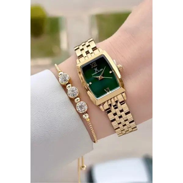 Kadranı Yeşil Kordonu Gold Renk 26 mm Kadın Kol Saati ve Hediye Bileklik