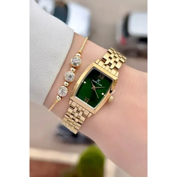 Kadranı Yeşil Kordonu Gold Renk 26 mm Kadın Kol Saati ve Hediye Bileklik