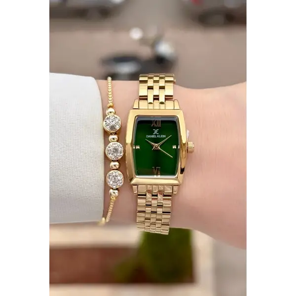 Kadranı Yeşil Kordonu Gold Renk 26 mm Kadın Kol Saati ve Hediye Bileklik