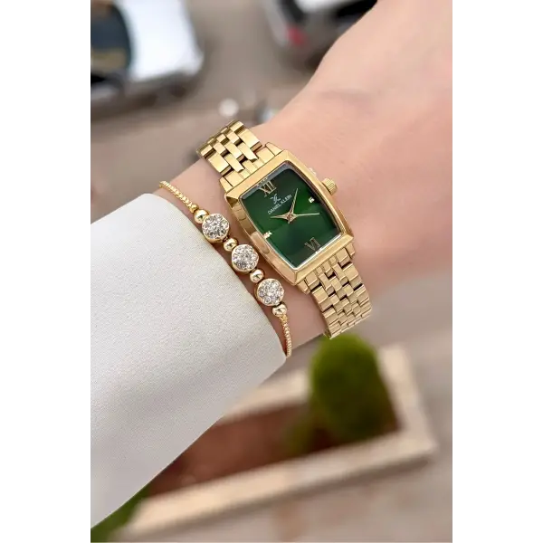 Kadranı Yeşil Kordonu Gold Renk 26 mm Kadın Kol Saati ve Hediye Bileklik
