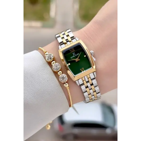 Kadranı Yeşil Kordonu Gold Gümüş Renk 26 mm Kadın Kol Saati ve Hediye Bileklik