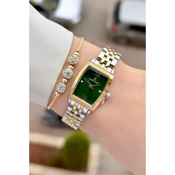 Kadranı Yeşil Kordonu Gold Gümüş Renk 26 mm Kadın Kol Saati ve Hediye Bileklik