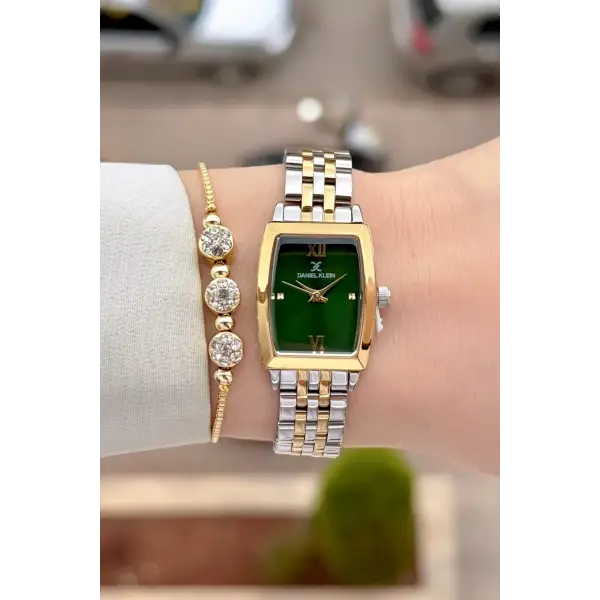 Kadranı Yeşil Kordonu Gold Gümüş Renk 26 mm Kadın Kol Saati ve Hediye Bileklik