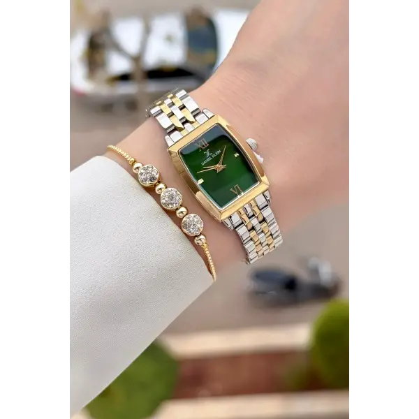 Kadranı Yeşil Kordonu Gold Gümüş Renk 26 mm Kadın Kol Saati ve Hediye Bileklik