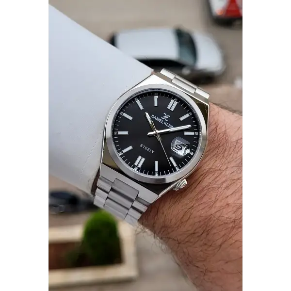 Kadranı Siyah Kordonu Gümüş Renk 40 mm Kristal Cam Çelik Metaryel Erkek Kol Saati
