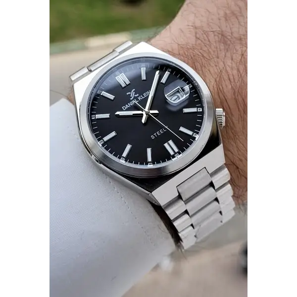 Kadranı Siyah Kordonu Gümüş Renk 40 mm Kristal Cam Çelik Metaryel Erkek Kol Saati