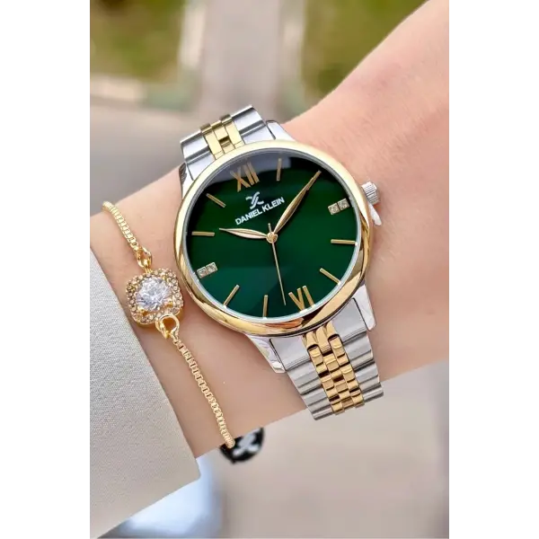 Kadranı Yeşil Kordonu Gold Gümüş Renk 35 mm Kadın Kol Saati ve Hediye Bileklik