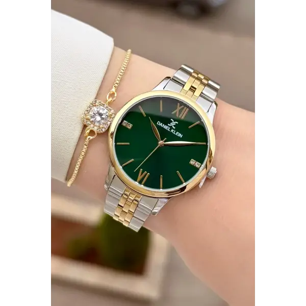 Kadranı Yeşil Kordonu Gold Gümüş Renk 35 mm Kadın Kol Saati ve Hediye Bileklik