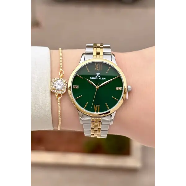 Kadranı Yeşil Kordonu Gold Gümüş Renk 35 mm Kadın Kol Saati ve Hediye Bileklik