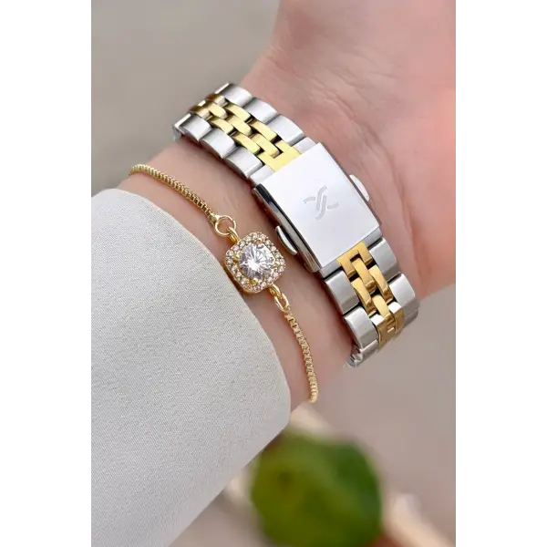 Gold Gümüş Renk 35 Mm Hediye Paketli Kadın Kol Saati Ve Bileklik