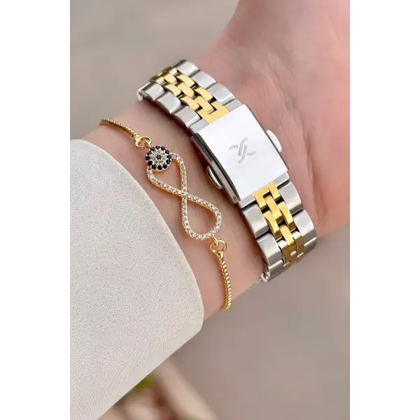 Gold Gümüş Renk Kadın Kol Saati Ve Bileklik