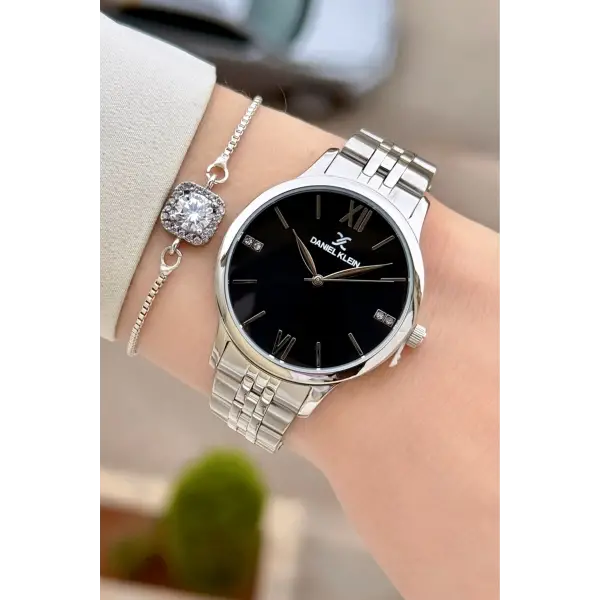 Kadranı Siyah Kordonu Gümüş Renk 35 mm Kadın Kol Saati ve Hediye Bileklik