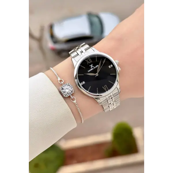 Kadranı Siyah Kordonu Gümüş Renk 35 mm Kadın Kol Saati ve Hediye Bileklik