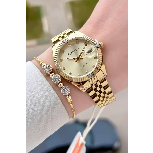 Gold Renk 32 mm Kadın Kol Saati ve Hediye Bileklik