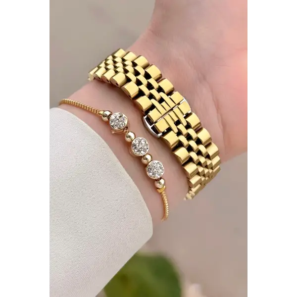 Gold Renk 32 mm Kadın Kol Saati ve Hediye Bileklik