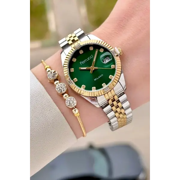 Kadranı Yeşil Kordonu Gold Gümüş Renk 32 mm Kadın Kol Saati ve Hediye Bileklik