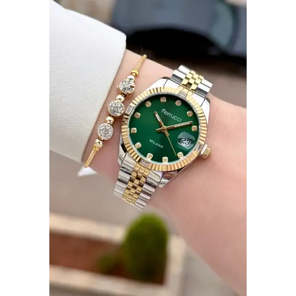 Kadranı Yeşil Kordonu Gold Gümüş Renk 32 mm Kadın Kol Saati ve Hediye Bileklik
