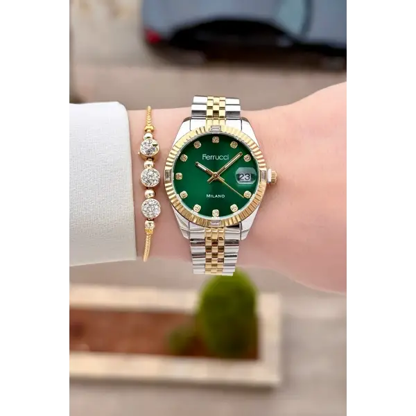 Kadranı Yeşil Kordonu Gold Gümüş Renk 32 mm Kadın Kol Saati ve Hediye Bileklik