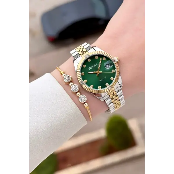 Kadranı Yeşil Kordonu Gold Gümüş Renk 32 mm Kadın Kol Saati ve Hediye Bileklik
