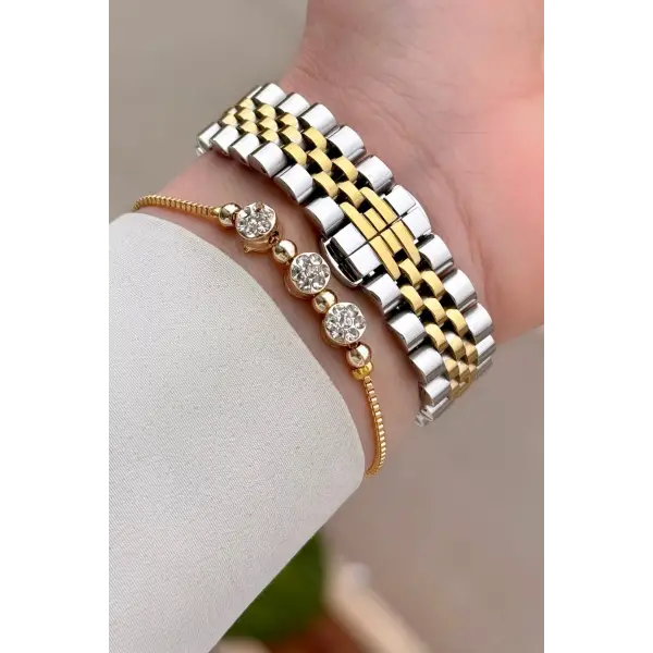 Kadranı Yeşil Kordonu Gold Gümüş Renk 32 mm Kadın Kol Saati ve Hediye Bileklik