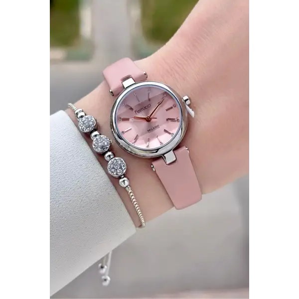 Kasası Gümüş Kordonu Pudra Renk 25 Mm Kadın Kol Saati ve Hediye Bileklik