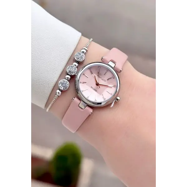 Kasası Gümüş Kordonu Pudra Renk 25 Mm Kadın Kol Saati ve Hediye Bileklik