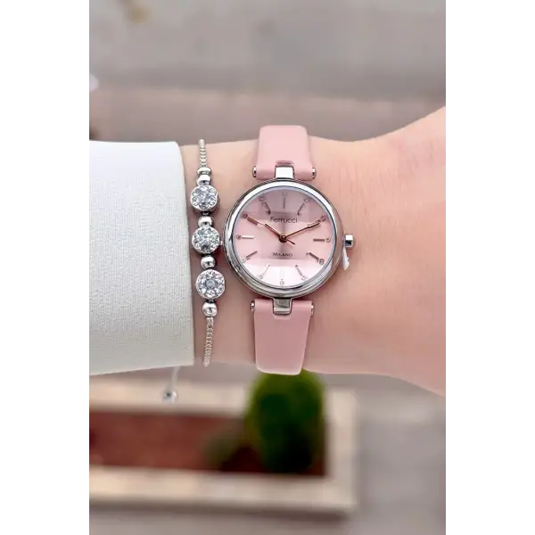 Kasası Gümüş Kordonu Pudra Renk 25 Mm Kadın Kol Saati ve Hediye Bileklik