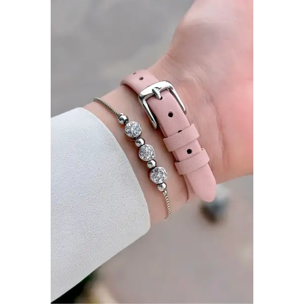 Kasası Gümüş Kordonu Pudra Renk 25 Mm Kadın Kol Saati ve Hediye Bileklik