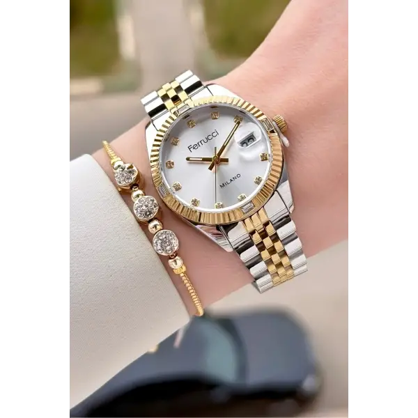 Gold Gümüş Renk 32 mm Kadın Kol Saati ve Hediye Bileklik