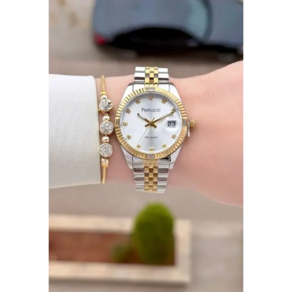 Gold Gümüş Renk 32 mm Kadın Kol Saati ve Hediye Bileklik