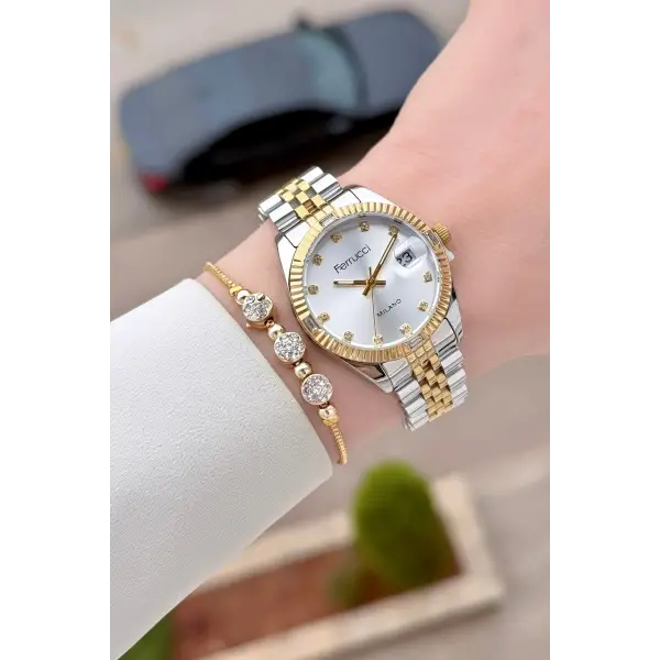 Gold Gümüş Renk 32 mm Kadın Kol Saati ve Hediye Bileklik