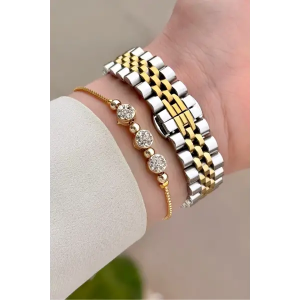 Gold Gümüş Renk 32 mm Kadın Kol Saati ve Hediye Bileklik