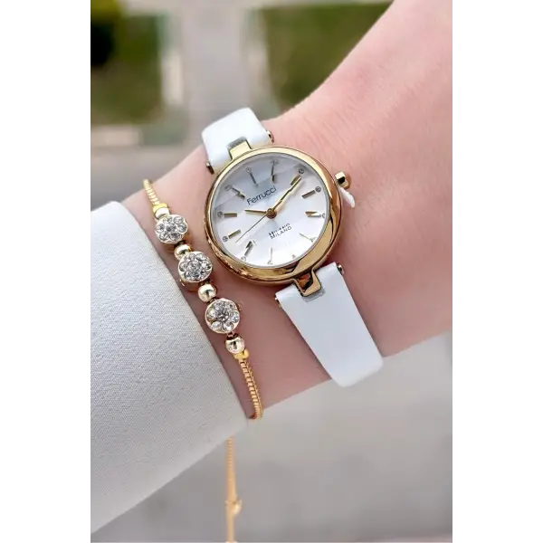 Kasası Gold Kordonu Beyaz Renk 25 Mm Kadın Kol Saati ve Hediye Bileklik