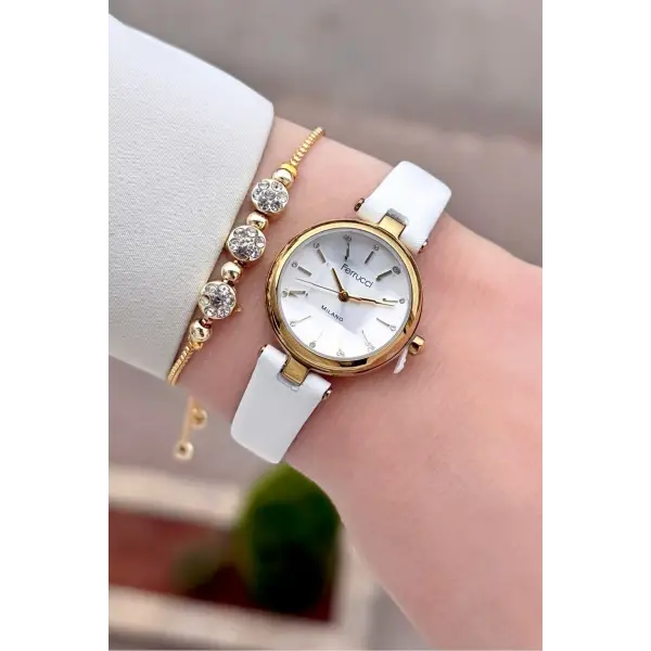 Kasası Gold Kordonu Beyaz Renk 25 Mm Kadın Kol Saati ve Hediye Bileklik
