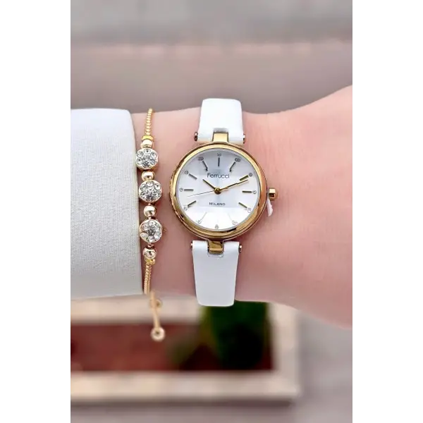 Kasası Gold Kordonu Beyaz Renk 25 Mm Kadın Kol Saati ve Hediye Bileklik