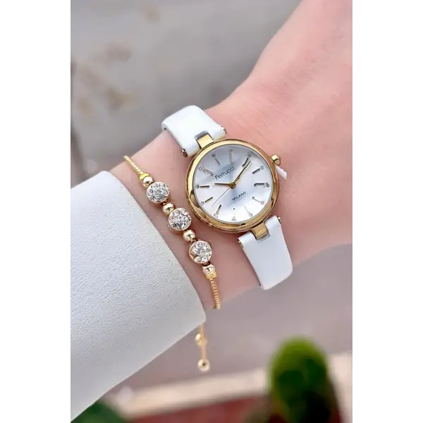 Kasası Gold Kordonu Beyaz Renk 25 Mm Kadın Kol Saati ve Hediye Bileklik