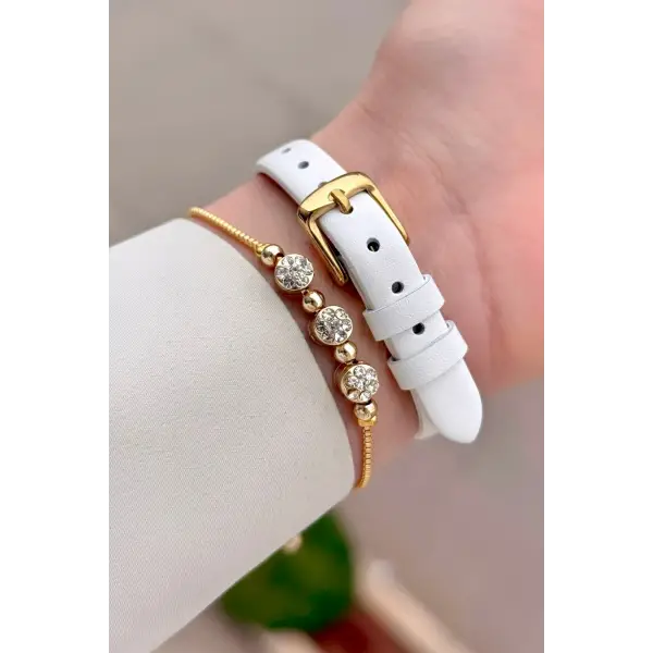 Kasası Gold Kordonu Beyaz Renk 25 Mm Kadın Kol Saati ve Hediye Bileklik