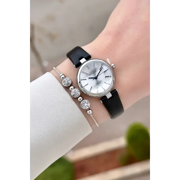 Kasası Gümüş Kordonu Siyah Renk 25 Mm Kadın Kol Saati ve Hediye Bileklik