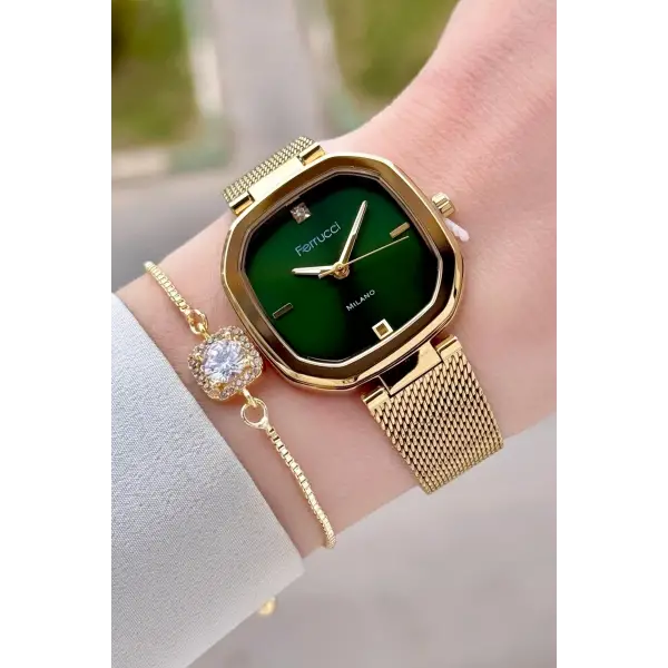 Kadranı Yeşil Kordonu Gold Renk 31 mm Kadın Kol Saati ve Hediye Bileklik