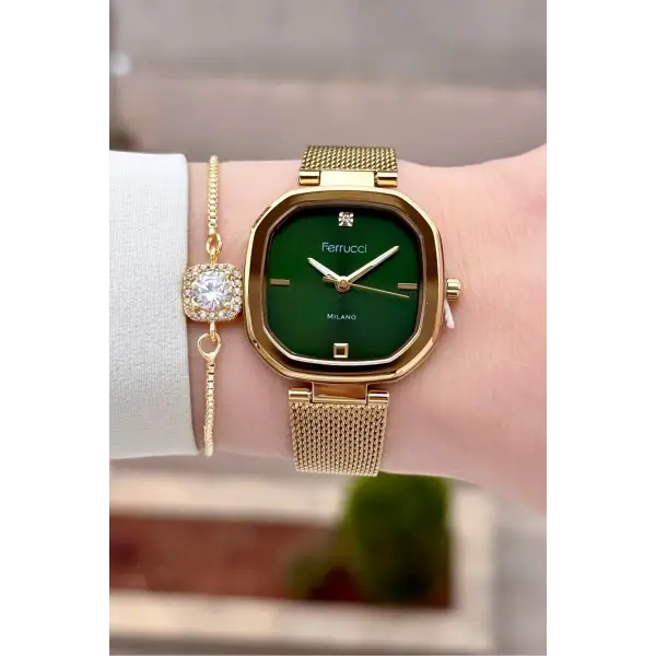 Kadranı Yeşil Kordonu Gold Renk 31 mm Kadın Kol Saati ve Hediye Bileklik
