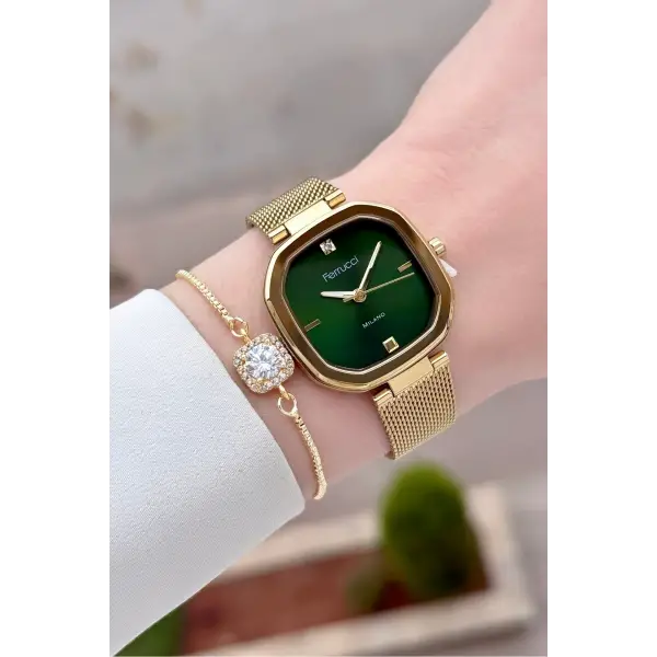 Kadranı Yeşil Kordonu Gold Renk 31 mm Kadın Kol Saati ve Hediye Bileklik
