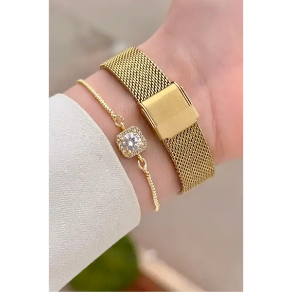 Kadranı Yeşil Kordonu Gold Renk 31 mm Kadın Kol Saati ve Hediye Bileklik