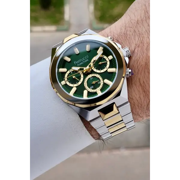 Kadranı Yeşil Kordonu Gold Gümüş Renk 43 Mm İç Göstergeleri Aktif Erkek Kol Saati