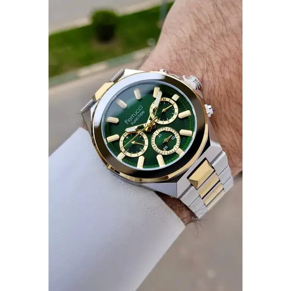 Kadranı Yeşil Kordonu Gold Gümüş Renk 43 Mm İç Göstergeleri Aktif Erkek Kol Saati