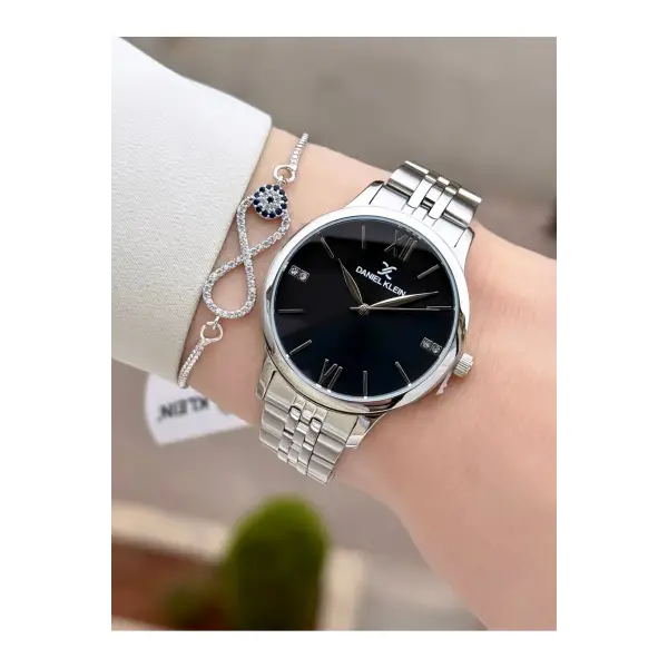 Gümüş Siyah Renk 35 mm Hediye Paketli Kadın Kol Saati ve Bileklik