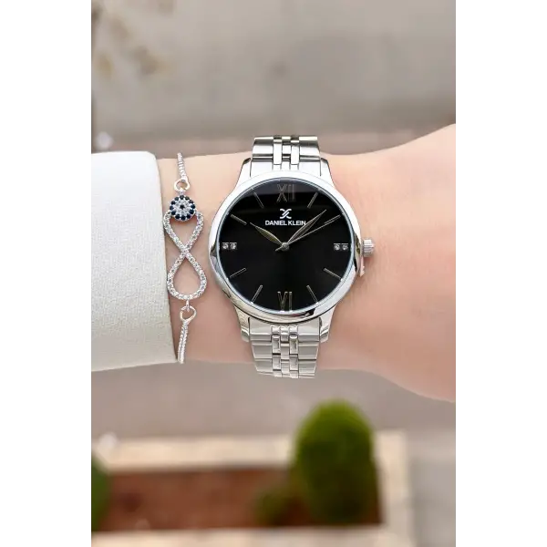 Gümüş Siyah Renk 35 mm Hediye Paketli Kadın Kol Saati ve Bileklik