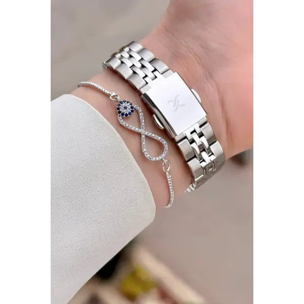 Gümüş Siyah Renk 35 mm Hediye Paketli Kadın Kol Saati ve Bileklik